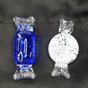 Glass Candy Paperweight Set 4.75" Blue & White Speckled Murano Style Pieces